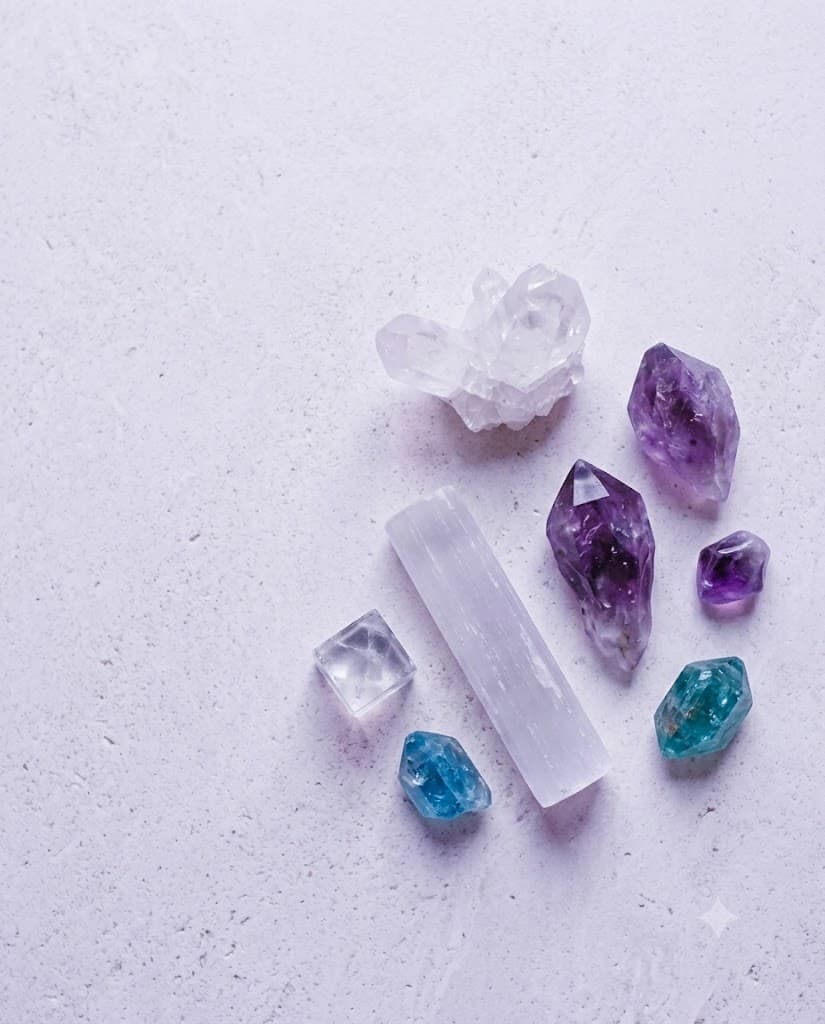 Fluorite, clear quartz and apatite in soft violet light