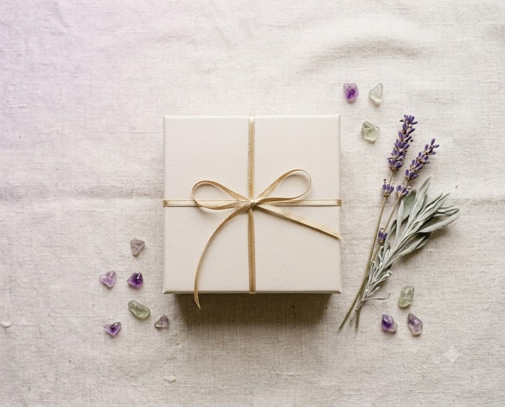 A bone gift box tied with thin gold ribbon