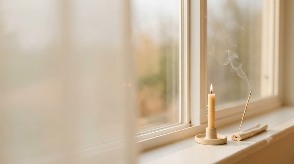 A lit bone candle and a curl of incense in soft morning light