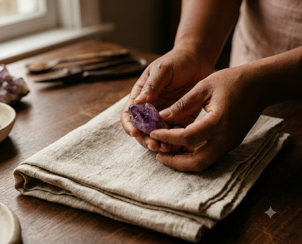 Hands holding a raw crystal over a linen cloth